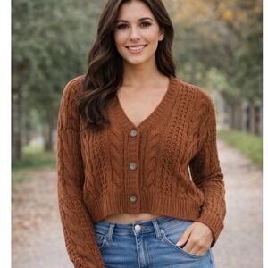 NWT Aeropostale Women Brown Cable Knit Cropped Cardigan Sweater Size S
